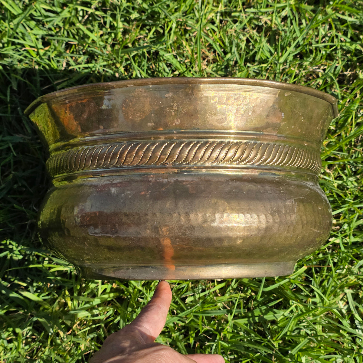 Vintage Solid Brass Planter Bowl 12" India Scalloped Rope Large Jardiniere Gold