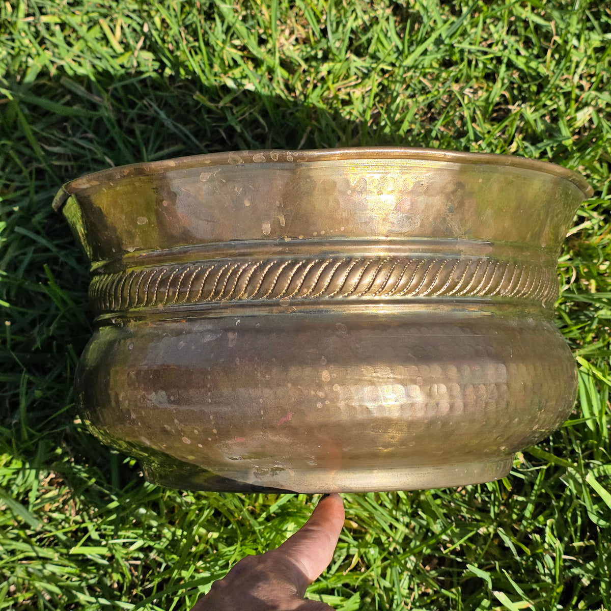 Vintage Solid Brass Planter Bowl 12" India Scalloped Rope Large Jardiniere Gold
