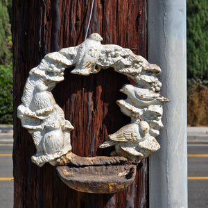 Vintage Cast Iron Bird Feeder Wreath Wall Mount Plaque Shabby White Garden Bath
