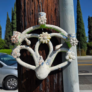 Vintage Mexican Folk Art Pottery Tree of Life Peacock Candle Holder Wall Sconce