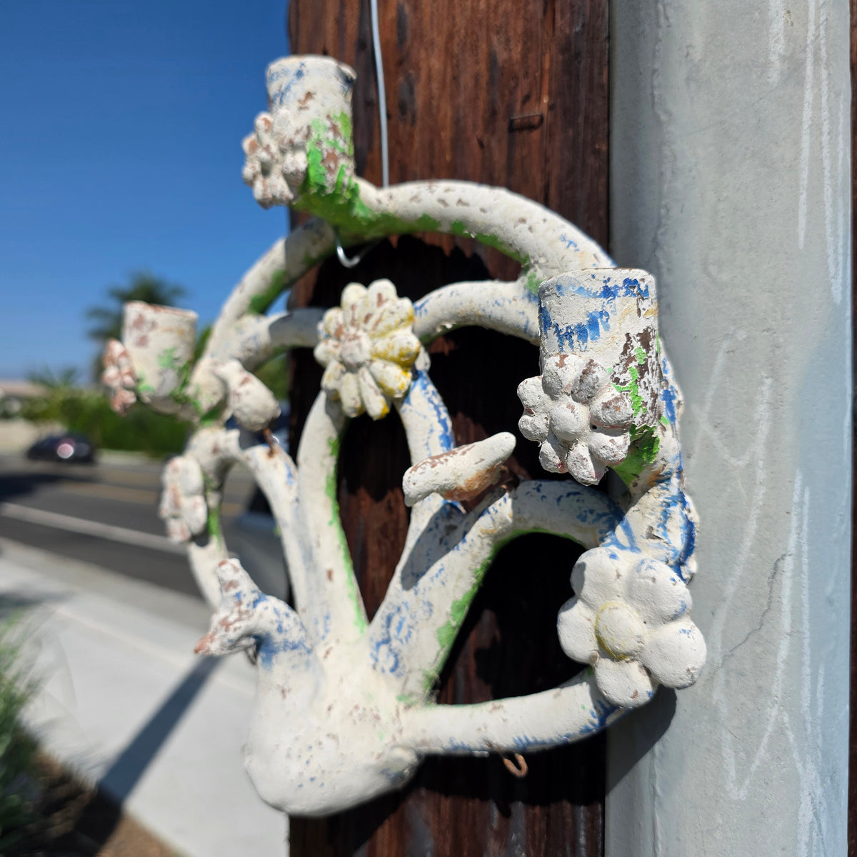Vintage Mexican Folk Art Pottery Tree of Life Peacock Candle Holder Wall Sconce