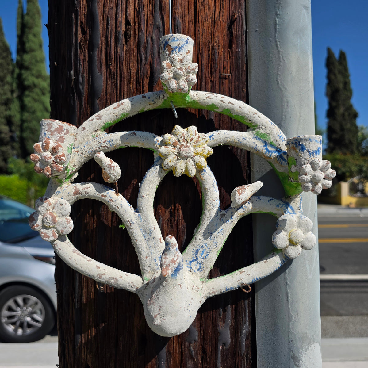 Vintage Mexican Folk Art Pottery Tree of Life Peacock Candle Holder Wall Sconce