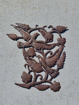 Vintage Haitian Metal Art Wall Sculpture Steel Drum Tree of Life Birds Garden