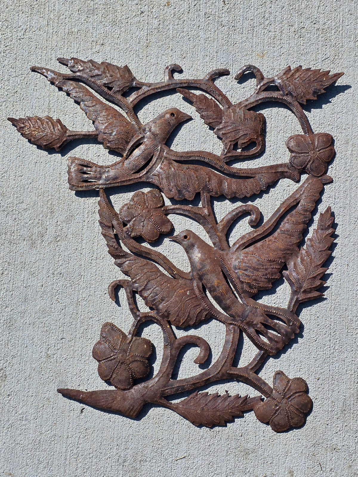 Vintage Haitian Metal Art Wall Sculpture Steel Drum Tree of Life Birds Garden