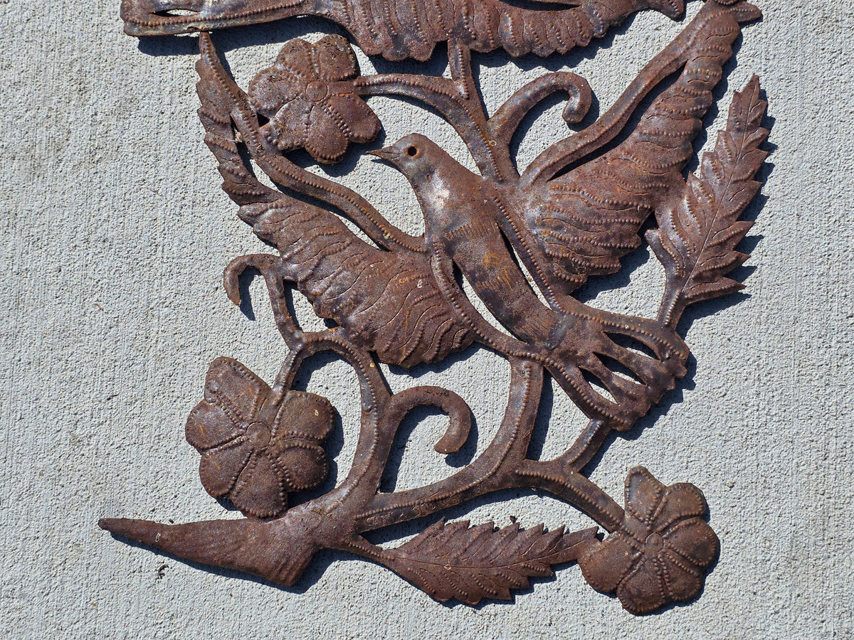 Vintage Haitian Metal Art Wall Sculpture Steel Drum Tree of Life Birds Garden