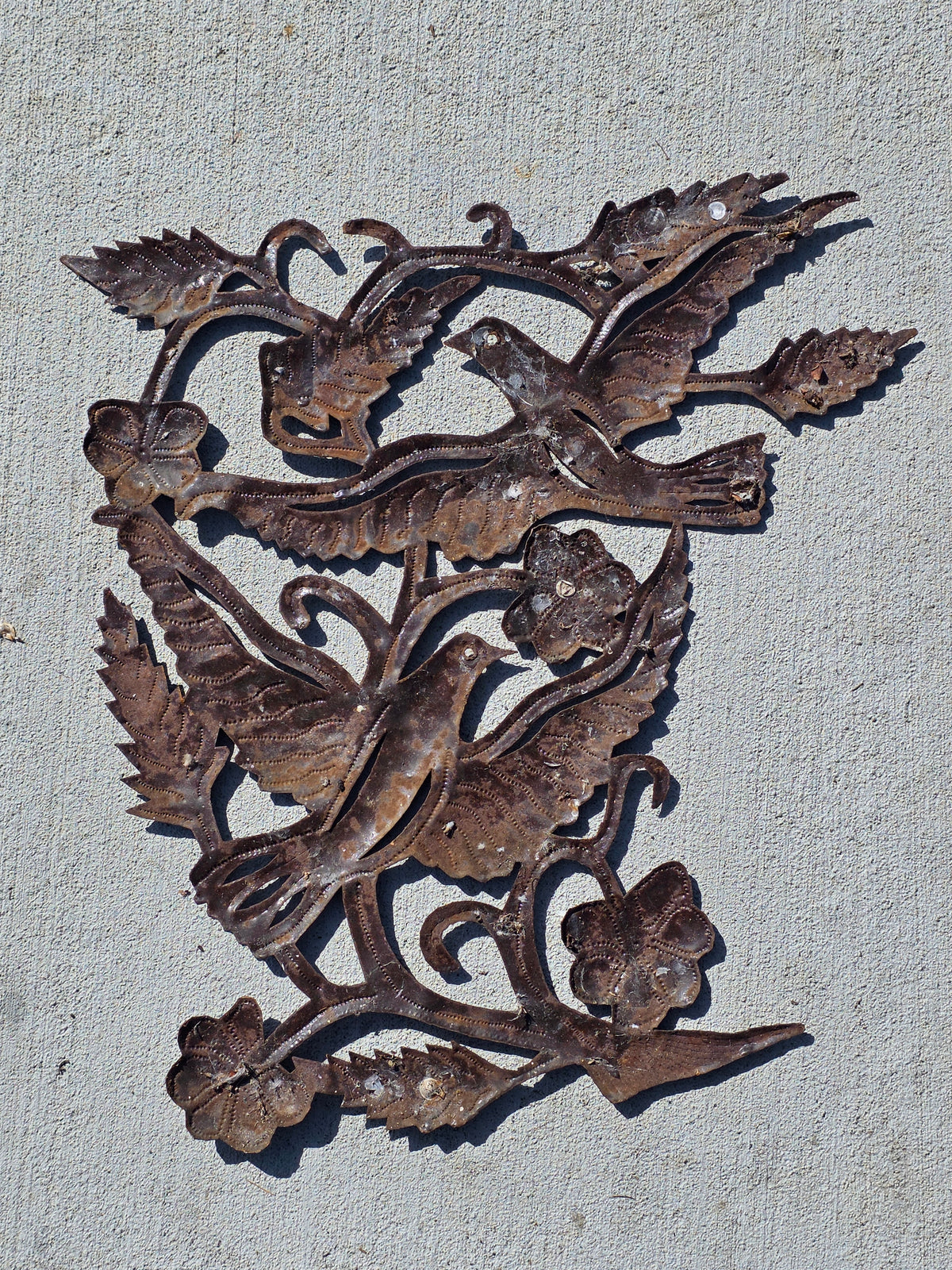 Vintage Haitian Metal Art Wall Sculpture Steel Drum Tree of Life Birds Garden