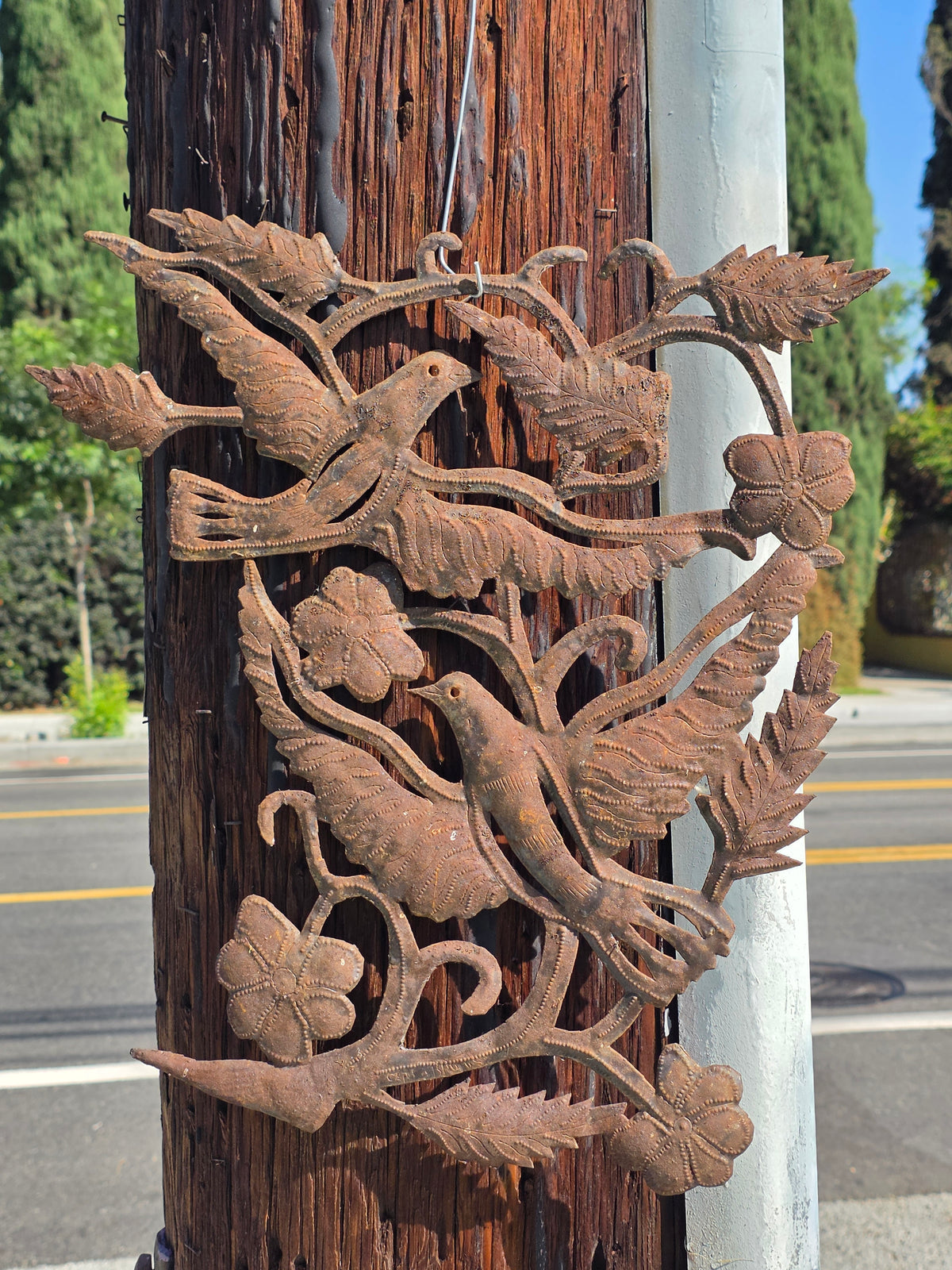 Vintage Haitian Metal Art Wall Sculpture Steel Drum Tree of Life Birds Garden
