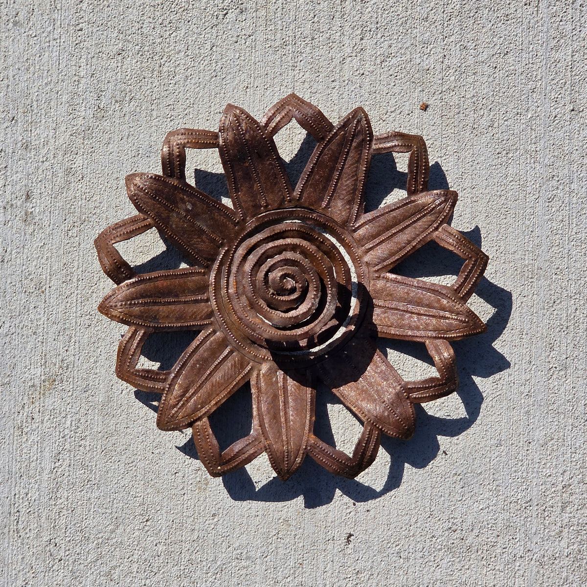 Vintage Haitian Metal Art Sunflower Wall Sculpture Steel Drum Flower Sun Garden