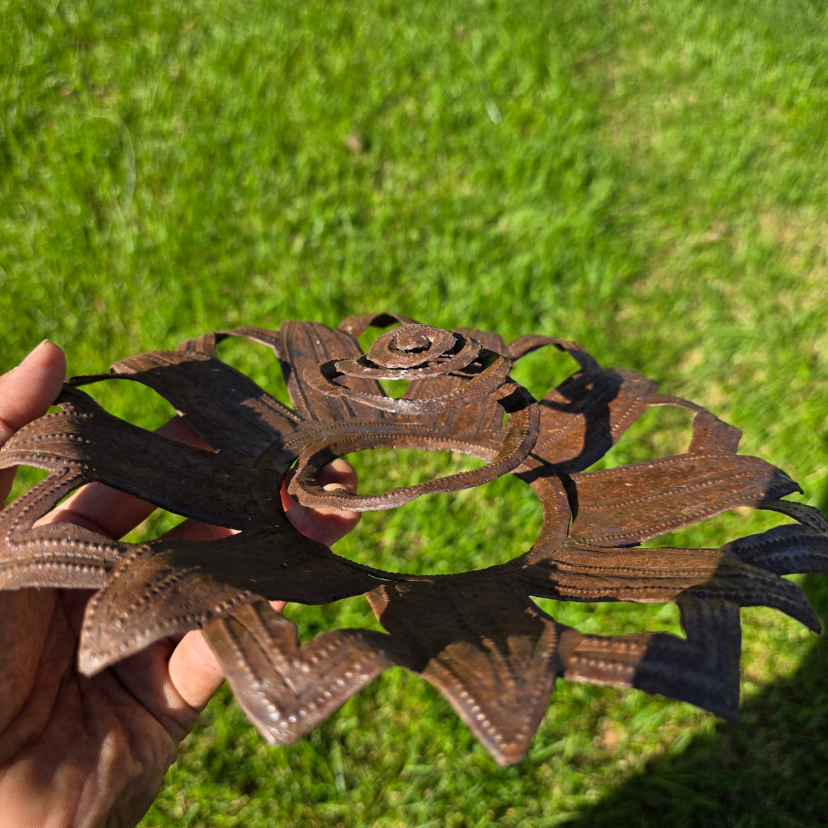 Vintage Haitian Metal Art Sunflower Wall Sculpture Steel Drum Flower Sun Garden