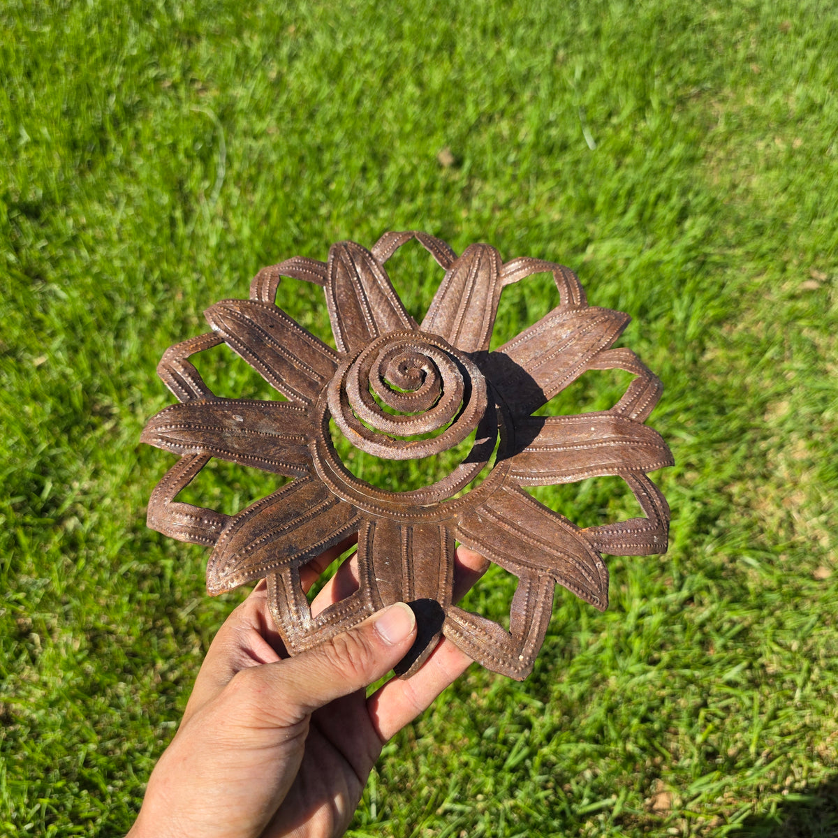 Vintage Haitian Metal Art Sunflower Wall Sculpture Steel Drum Flower Sun Garden