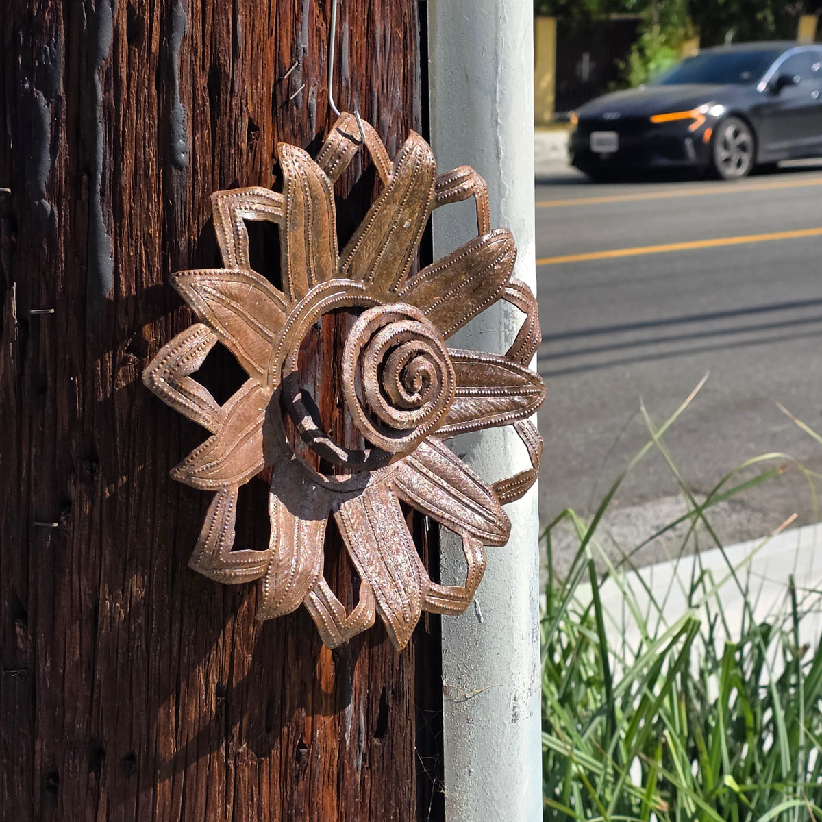 Vintage Haitian Metal Art Sunflower Wall Sculpture Steel Drum Flower Sun Garden