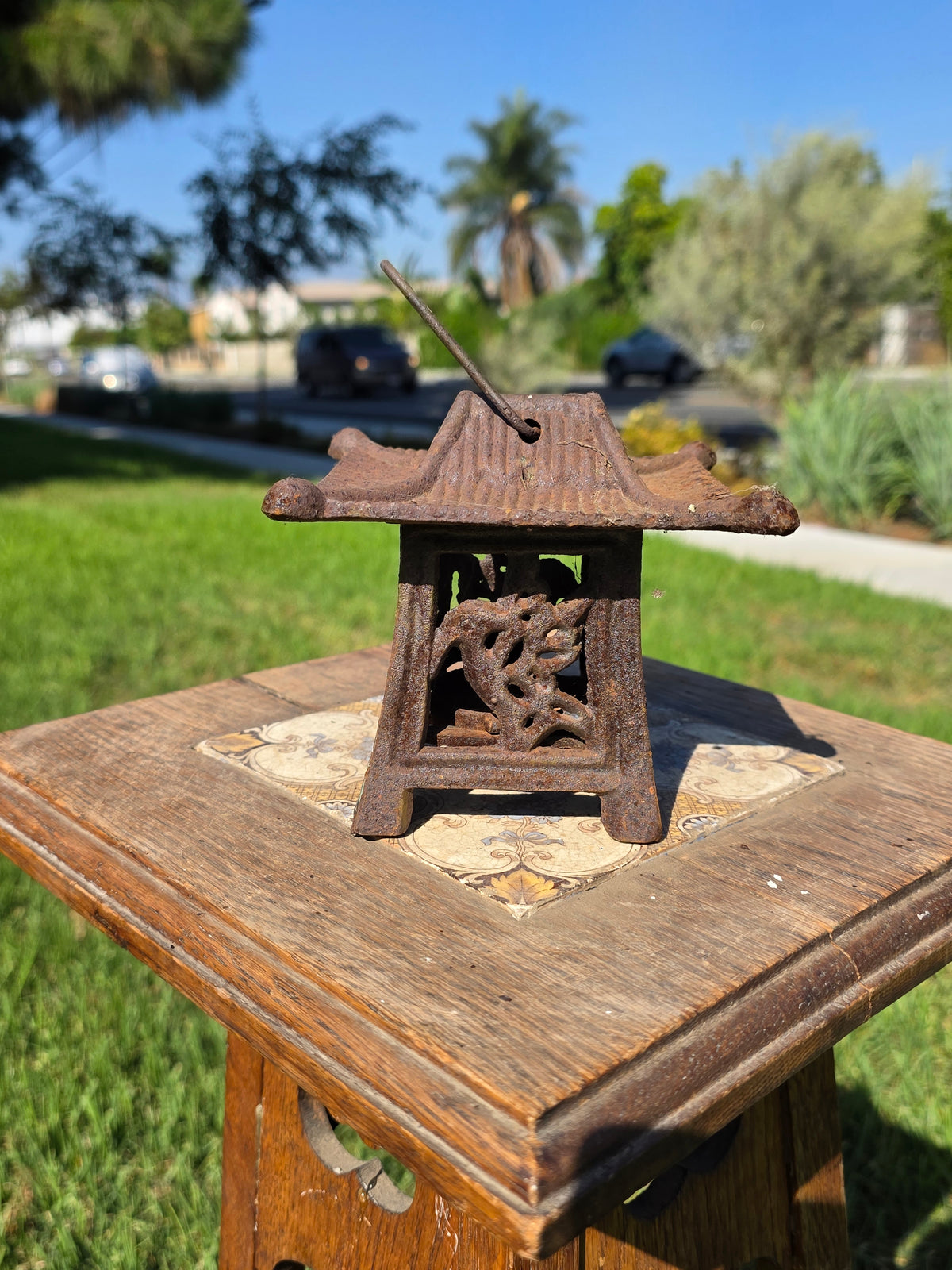 Vintage Japanese Cast Iron Lantern Pagoda Bird Hummingbird Hanging Candle Holder