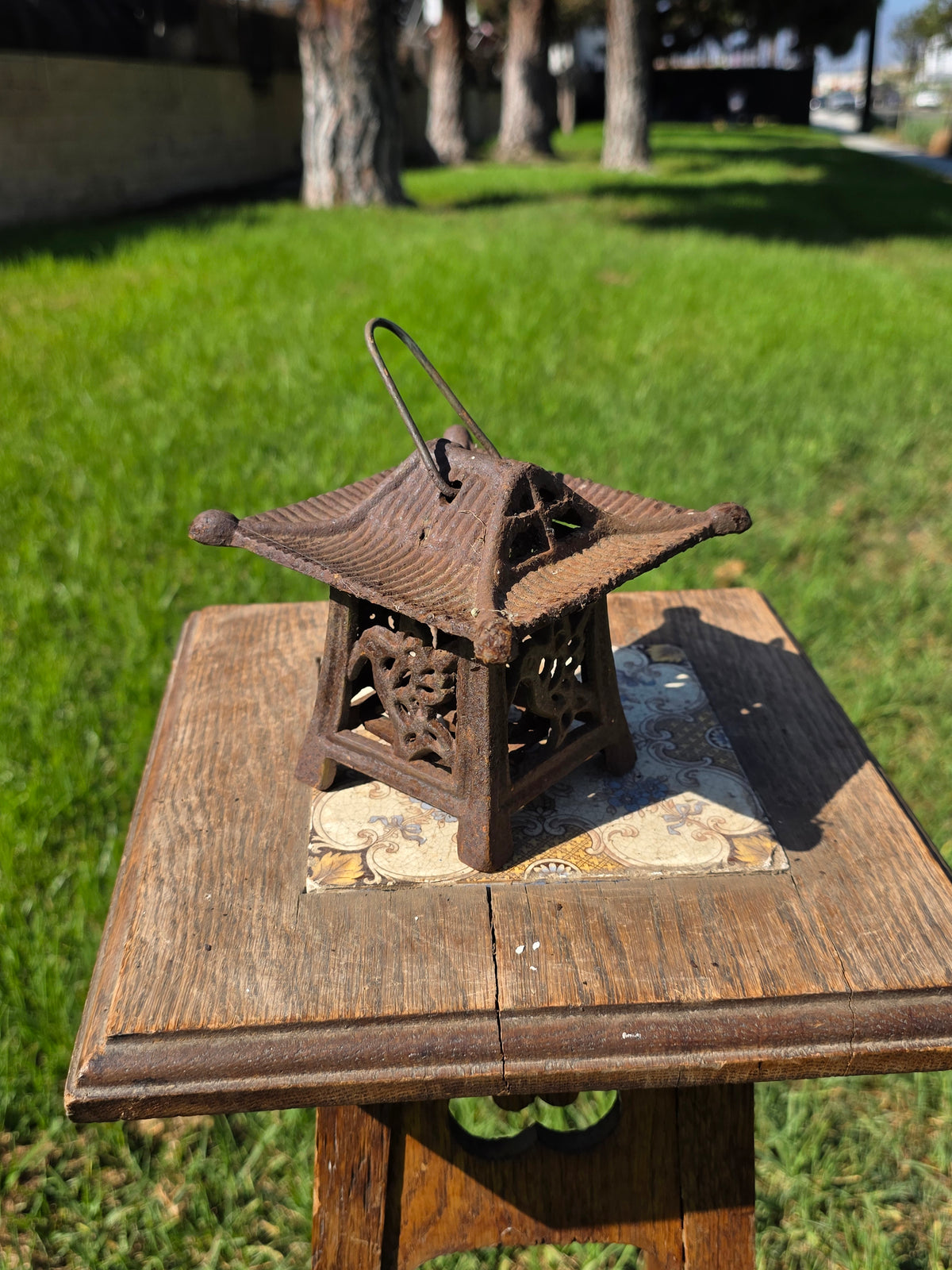 Vintage Japanese Cast Iron Lantern Pagoda Bird Hummingbird Hanging Candle Holder