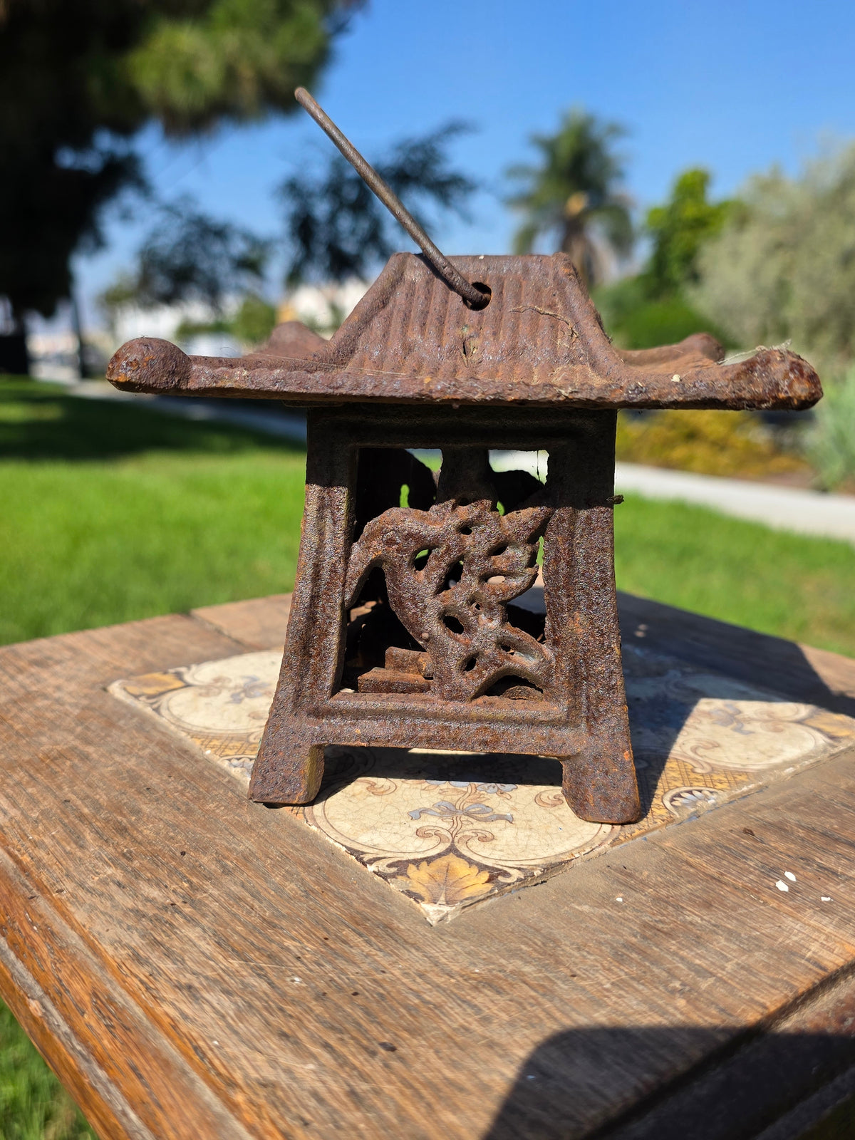 Vintage Japanese Cast Iron Lantern Pagoda Bird Hummingbird Hanging Candle Holder