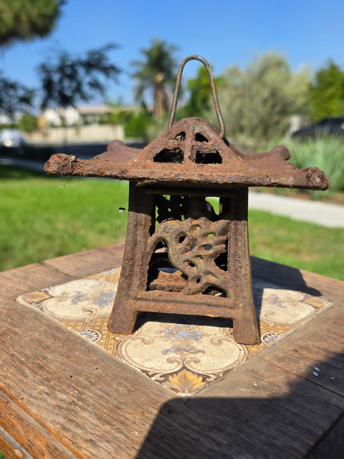 Vintage Japanese Cast Iron Lantern Pagoda Bird Hummingbird Hanging Candle Holder