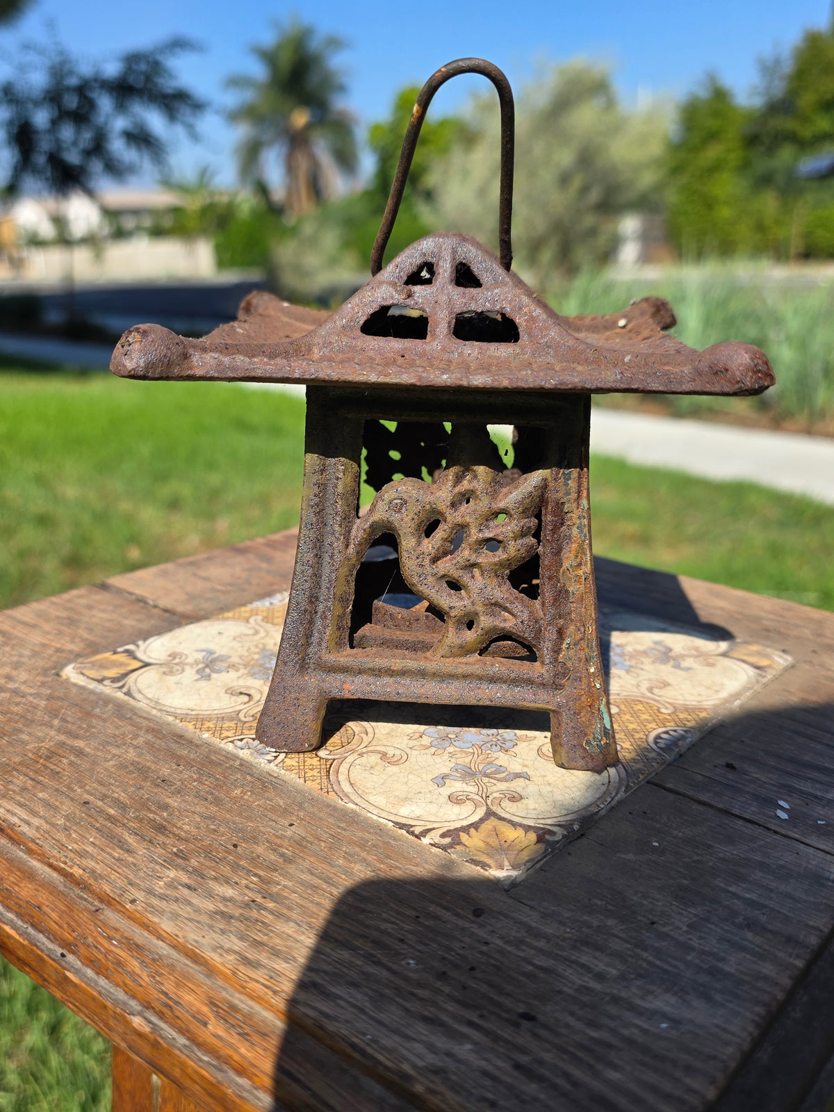 Vintage Japanese Cast Iron Lantern Pagoda Bird Hummingbird Hanging Candle Holder