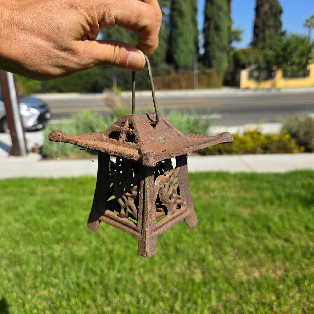 Vintage Japanese Cast Iron Lantern Pagoda Bird Hummingbird Hanging Candle Holder