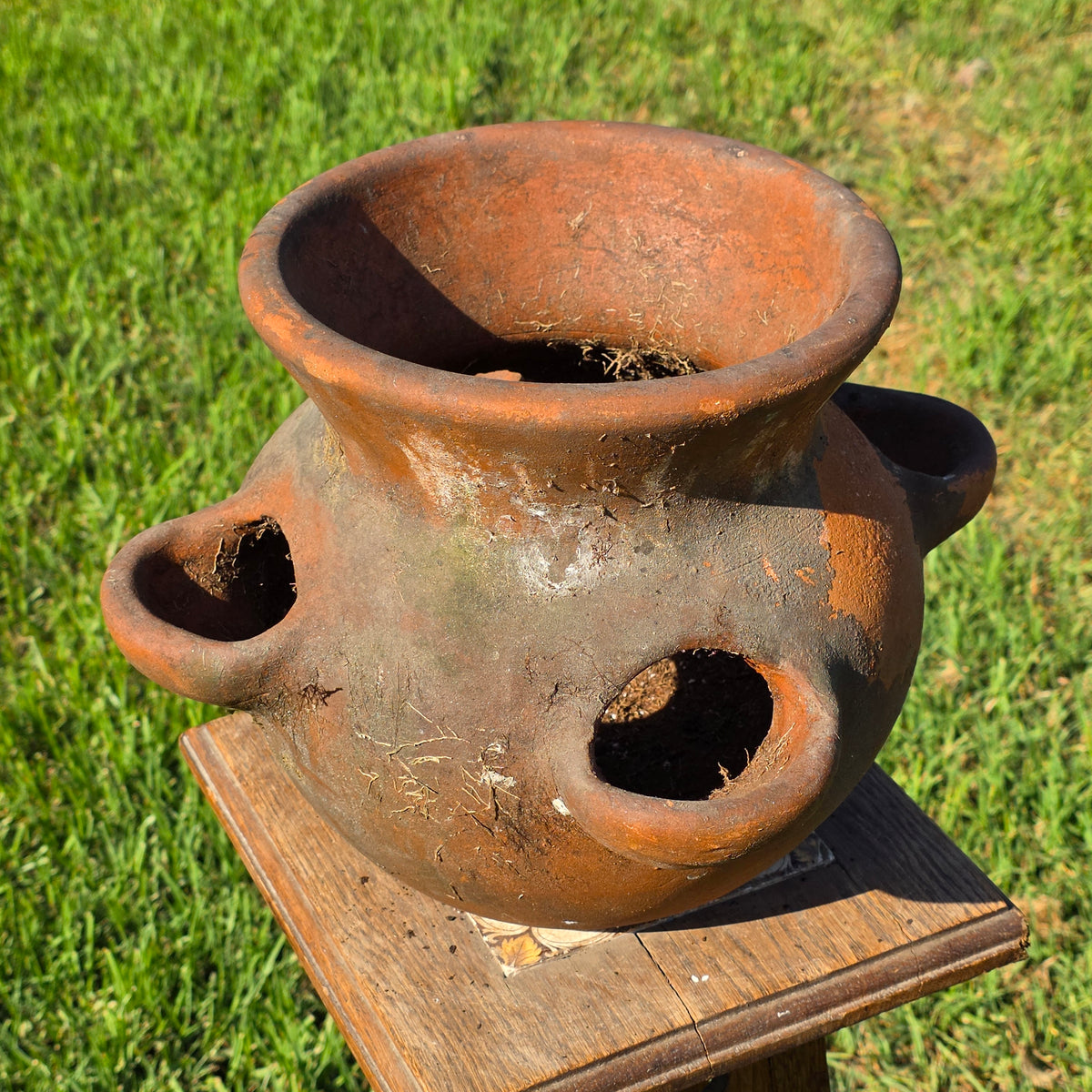 Vtg Mexico Terracotta Strawberry Planter Pot 4 Pocket Clay Herb Jar Rustic 10"