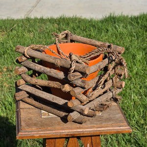 Vintage Rustic Twig Log Cabin Hanging Planter Terracotta Pot Folk Art Boho 9”