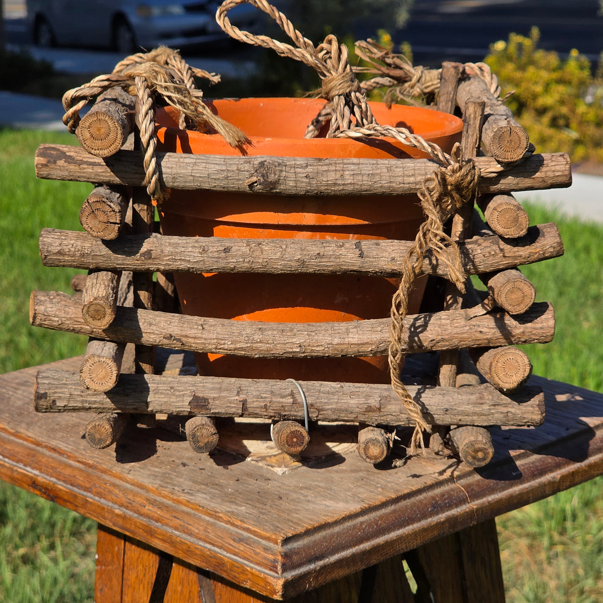 Vintage Rustic Twig Log Cabin Hanging Planter Terracotta Pot Folk Art Boho 9”