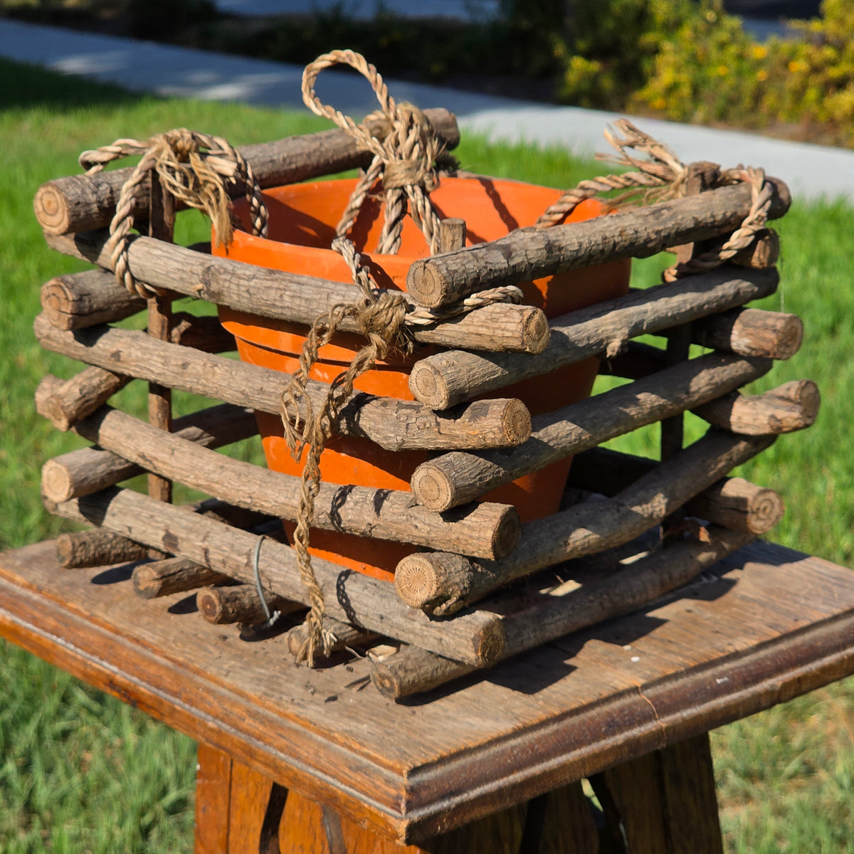 Vintage Rustic Twig Log Cabin Hanging Planter Terracotta Pot Folk Art Boho 9”