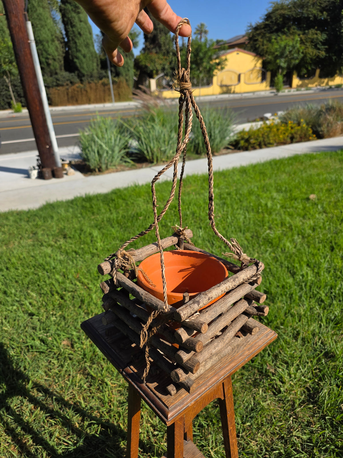 Vintage Rustic Twig Log Cabin Hanging Planter Terracotta Pot Folk Art Boho 9”