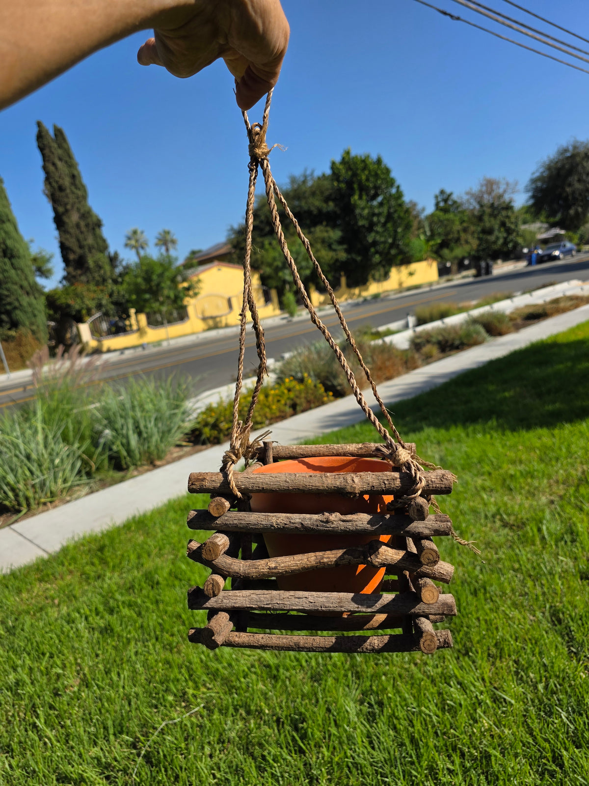 Vintage Rustic Twig Log Cabin Hanging Planter Terracotta Pot Folk Art Boho 9”