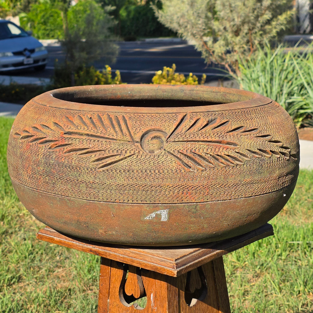 Vintage Terracotta Clay Garden Hose Holder Large Low Planter Bowl Pot Carved 19"