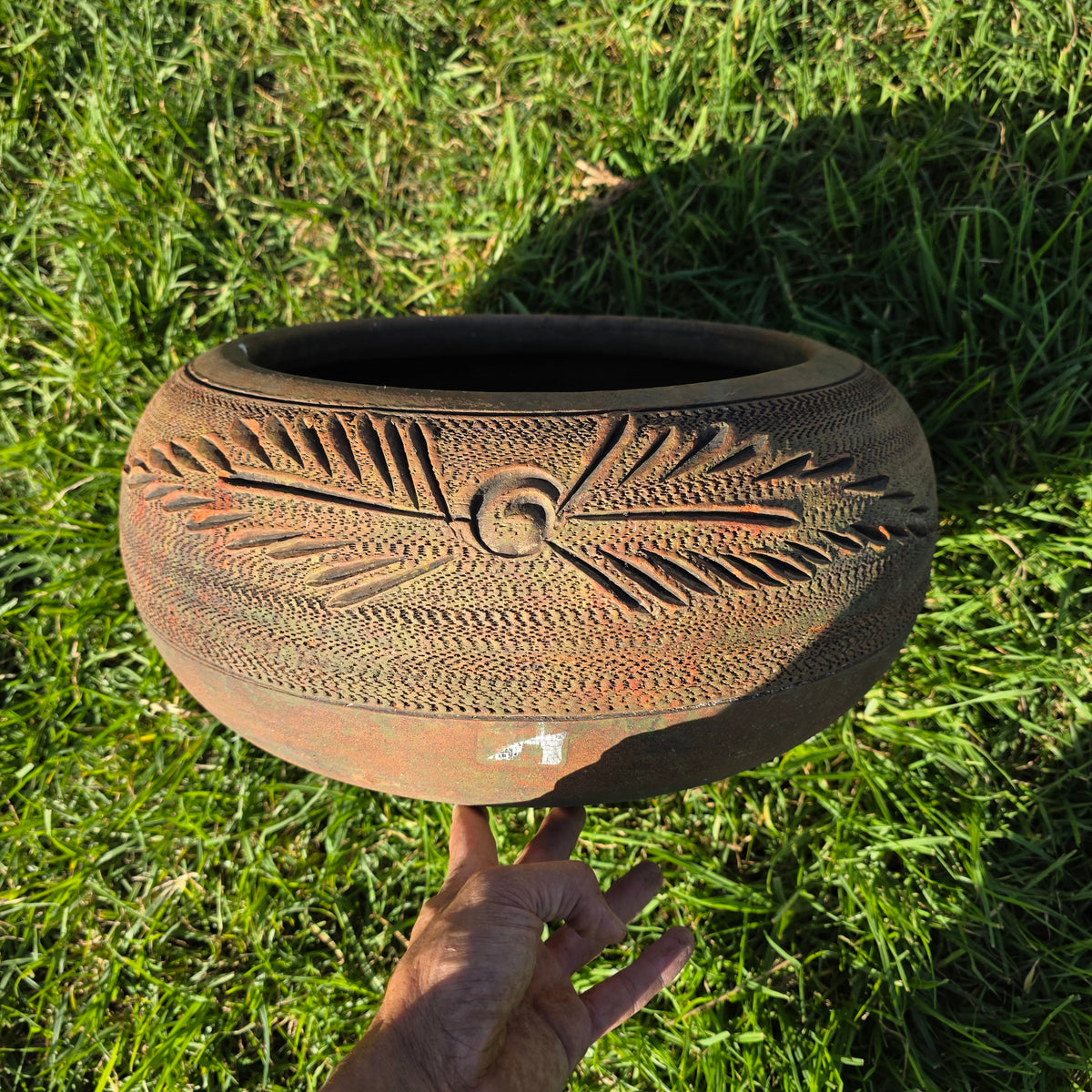 Vintage Terracotta Clay Garden Hose Holder Large Low Planter Bowl Pot Carved 19"