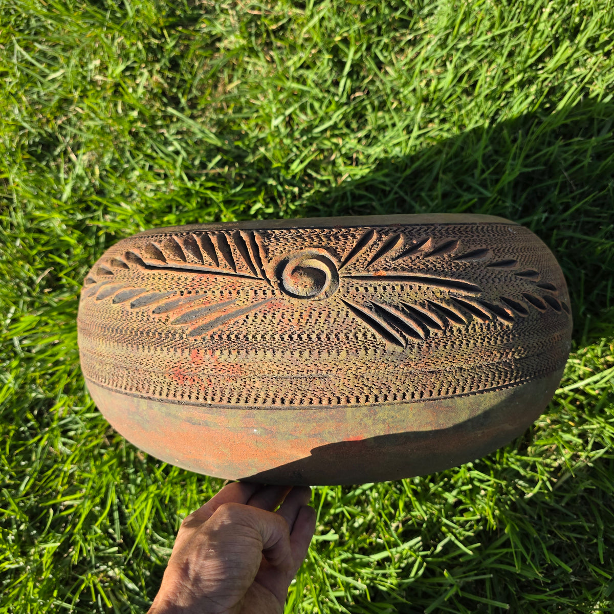 Vintage Terracotta Clay Garden Hose Holder Large Low Planter Bowl Pot Carved 19"