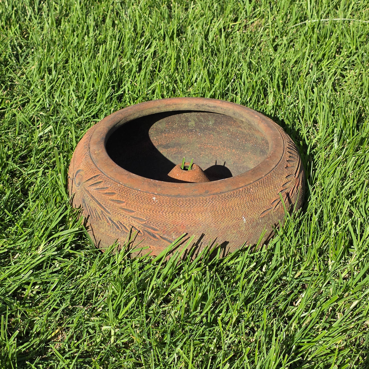 Vintage Terracotta Clay Garden Hose Holder Large Low Planter Bowl Pot Carved 19"
