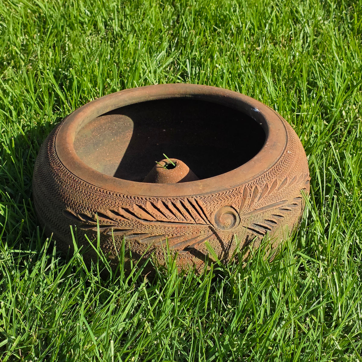 Vintage Terracotta Clay Garden Hose Holder Large Low Planter Bowl Pot Carved 19"