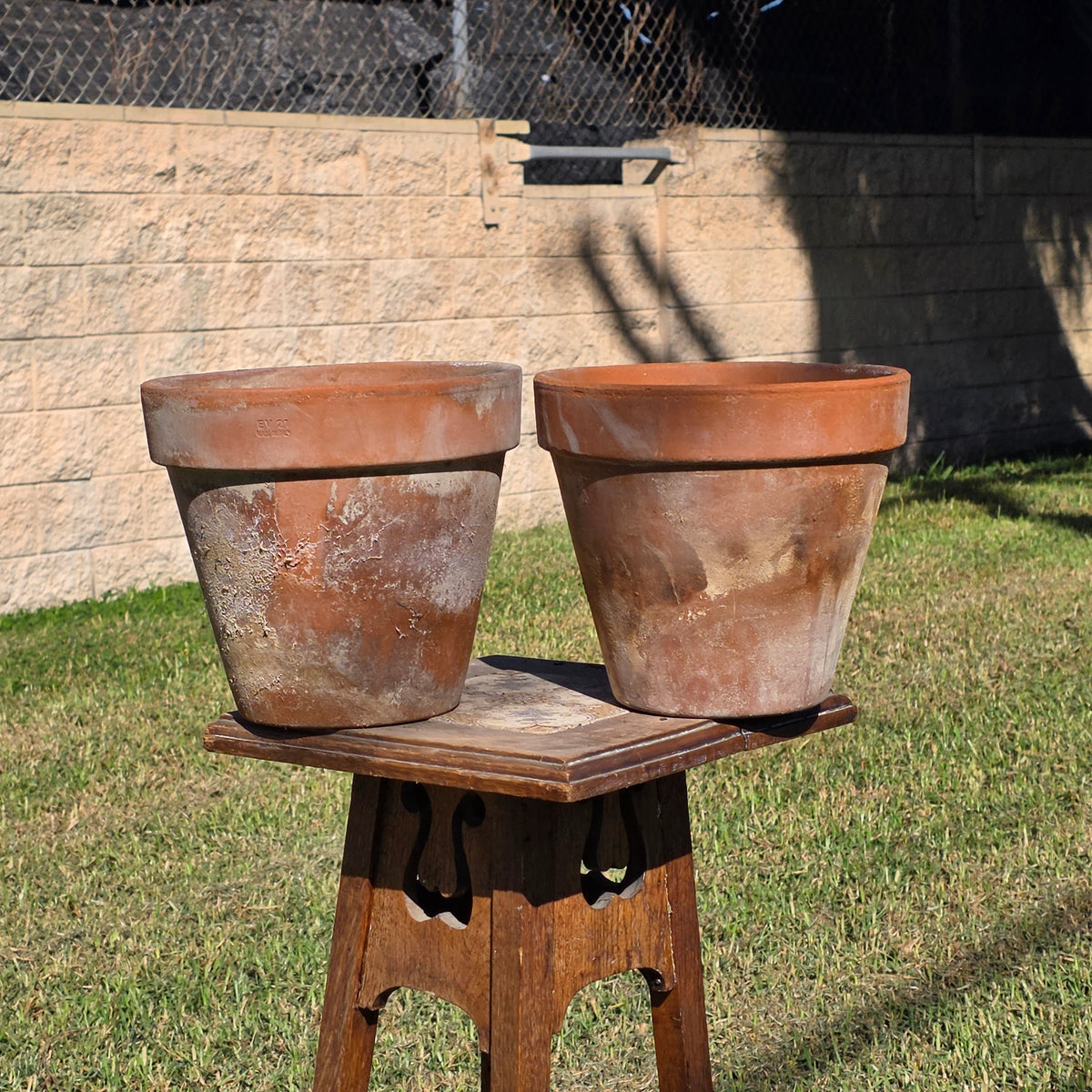 Set of 2 Vintage EV Italy Terracotta Pot 8.75" Clay Planter Garden Aged Pair