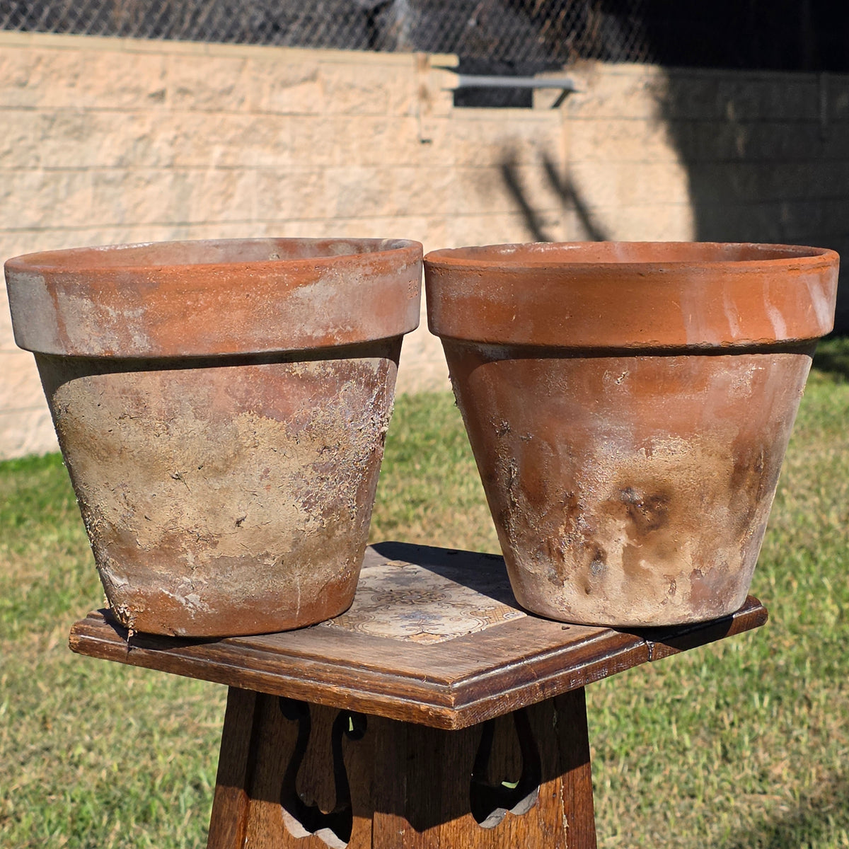 Set of 2 Vintage EV Italy Terracotta Pot 8.75" Clay Planter Garden Aged Pair