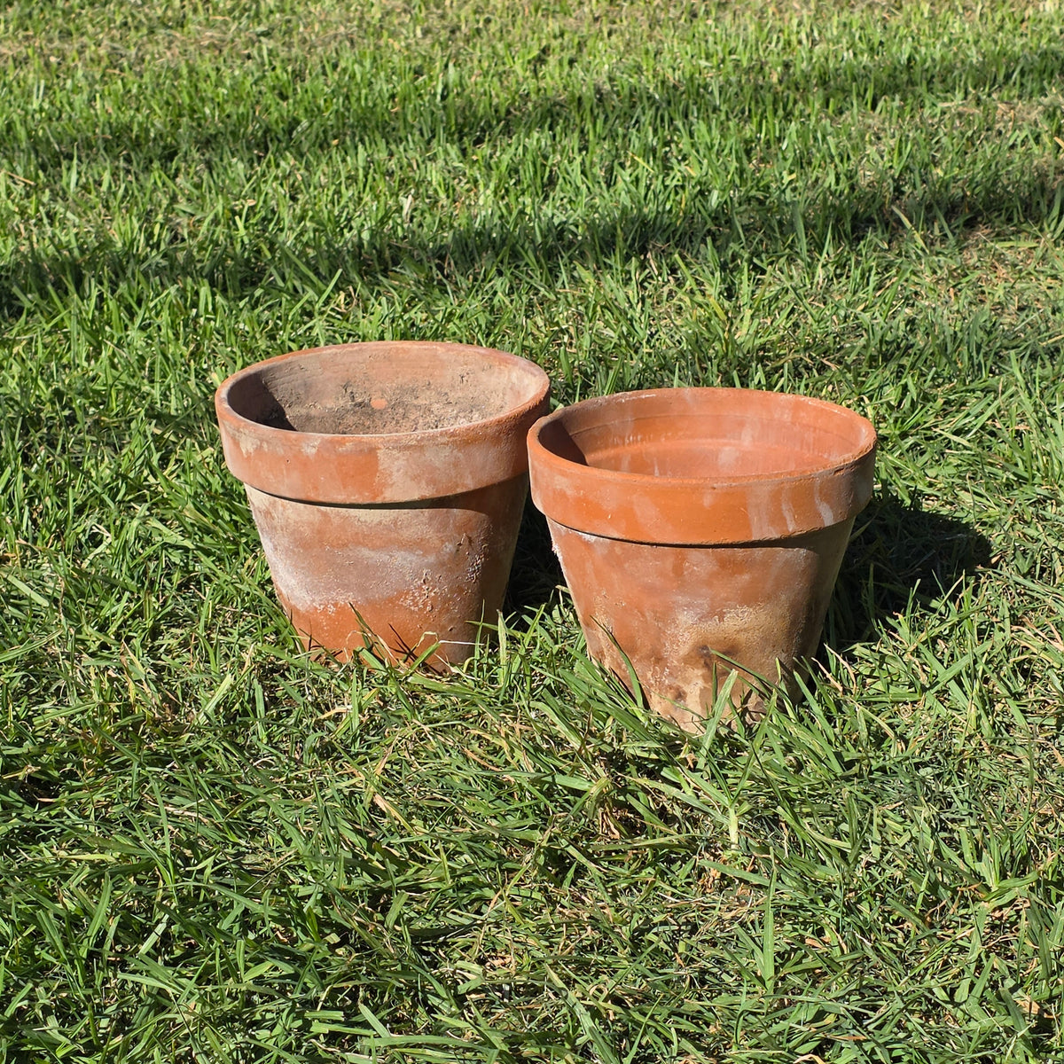 Set of 2 Vintage EV Italy Terracotta Pot 8.75" Clay Planter Garden Aged Pair