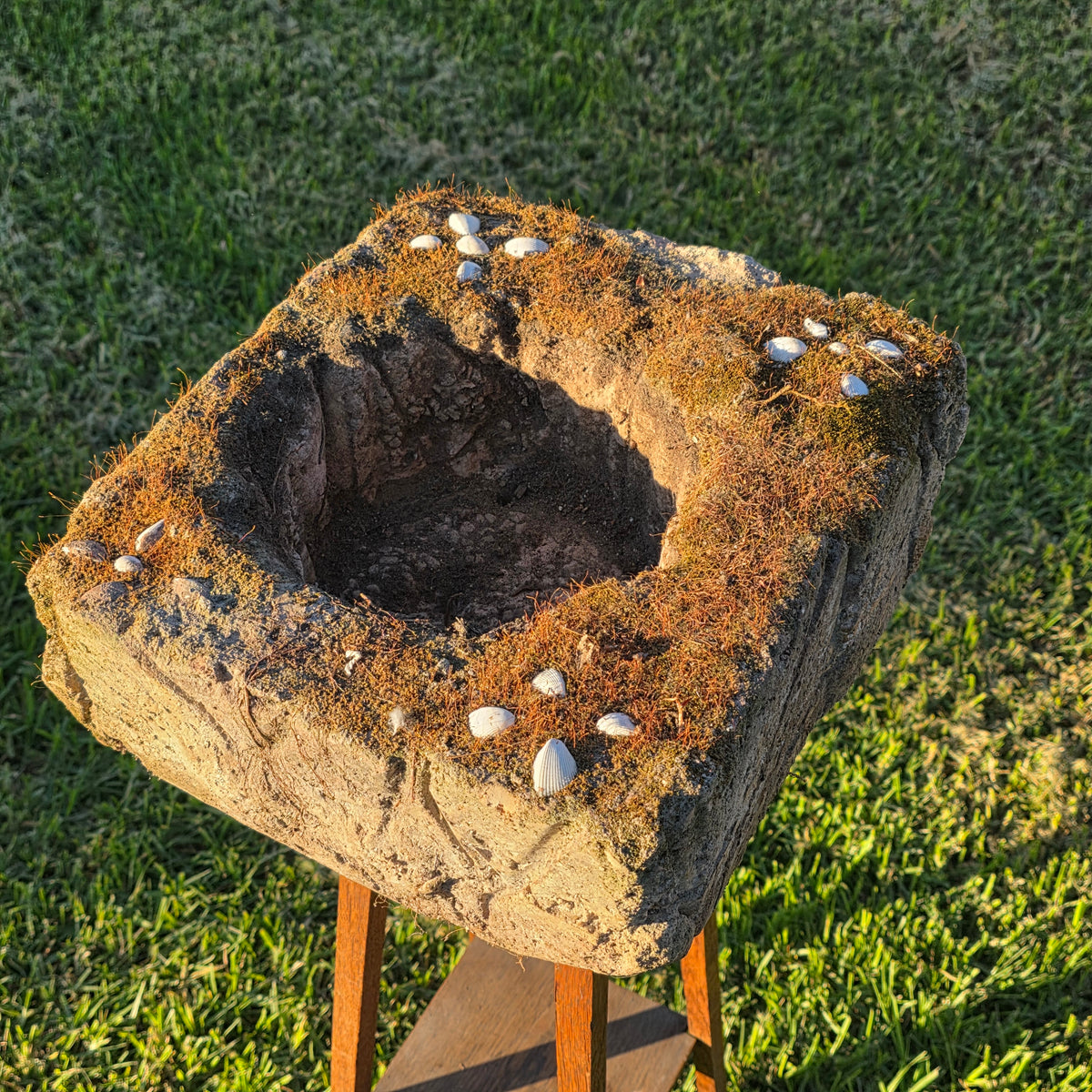 Vtg Mossy Concrete Planter Square Shell Flower Handmade Cement Garden Pot 21lb