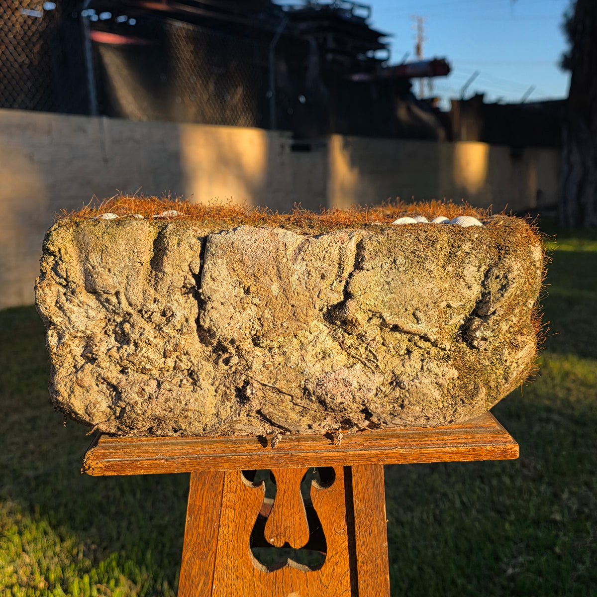 Vtg Mossy Concrete Planter Square Shell Flower Handmade Cement Garden Pot 21lb