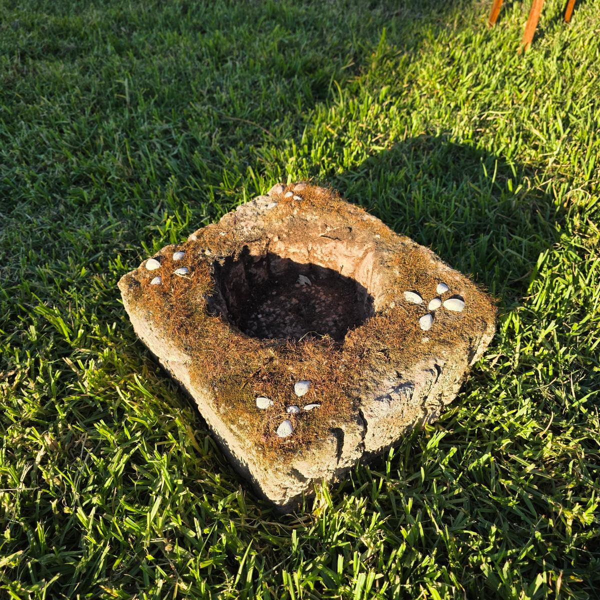 Vtg Mossy Concrete Planter Square Shell Flower Handmade Cement Garden Pot 21lb
