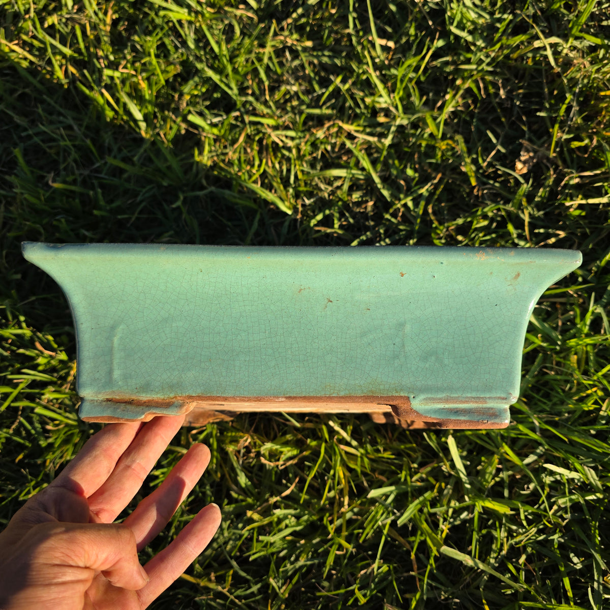 Vintage Celadon Green Glazed Bonsai Pot Rectangle Crackle Ceramic Planter 12"