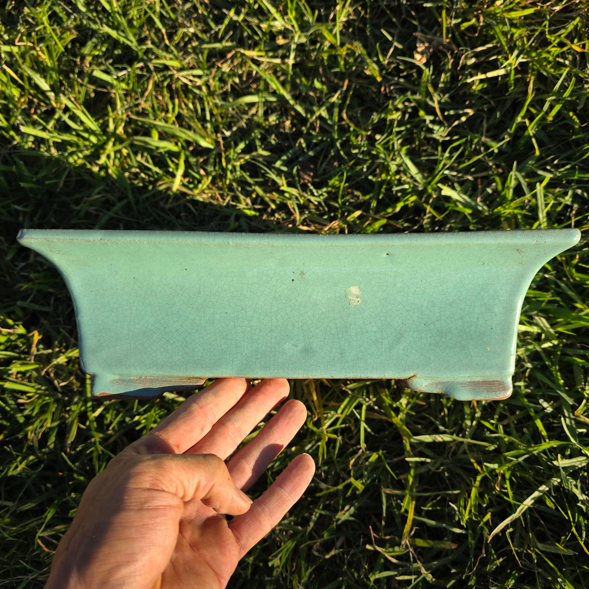 Vintage Celadon Green Glazed Bonsai Pot Rectangle Crackle Ceramic Planter 12"