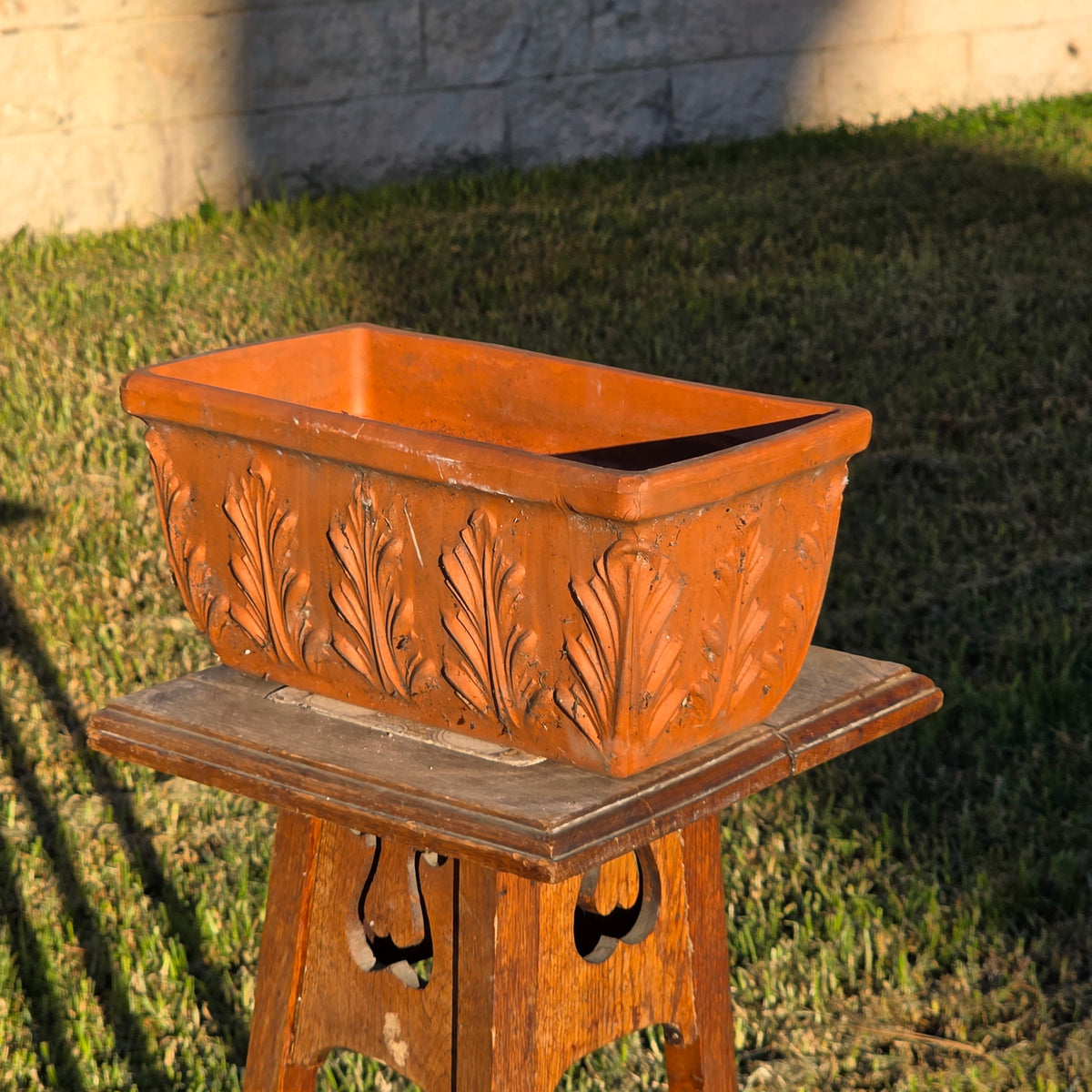 Vtg Terracotta Window Box Planter 12" Acanthus Leaf Weathered Clay Pot Scroll
