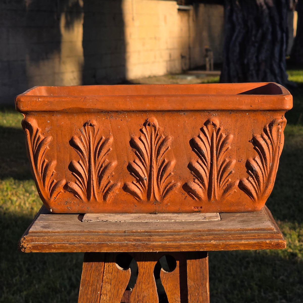 Vtg Terracotta Window Box Planter 12" Acanthus Leaf Weathered Clay Pot Scroll