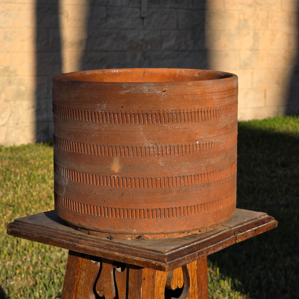 Vtg Mexican Terracotta Planter Aztec Geometric Carved Clay Pot Cylinder 10" x 8"