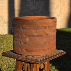 Vtg Mexican Terracotta Planter Aztec Geometric Carved Clay Pot Cylinder 10" x 8"