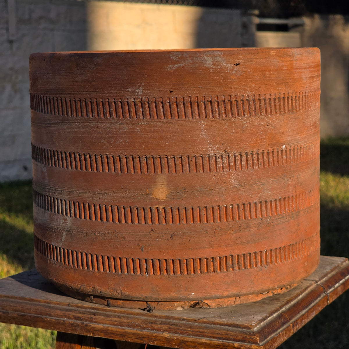 Vtg Mexican Terracotta Planter Aztec Geometric Carved Clay Pot Cylinder 10" x 8"