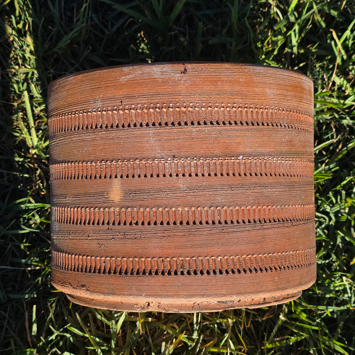 Vtg Mexican Terracotta Planter Aztec Geometric Carved Clay Pot Cylinder 10" x 8"