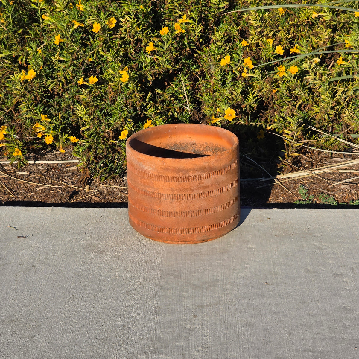 Vtg Mexican Terracotta Planter Aztec Geometric Carved Clay Pot Cylinder 10" x 8"