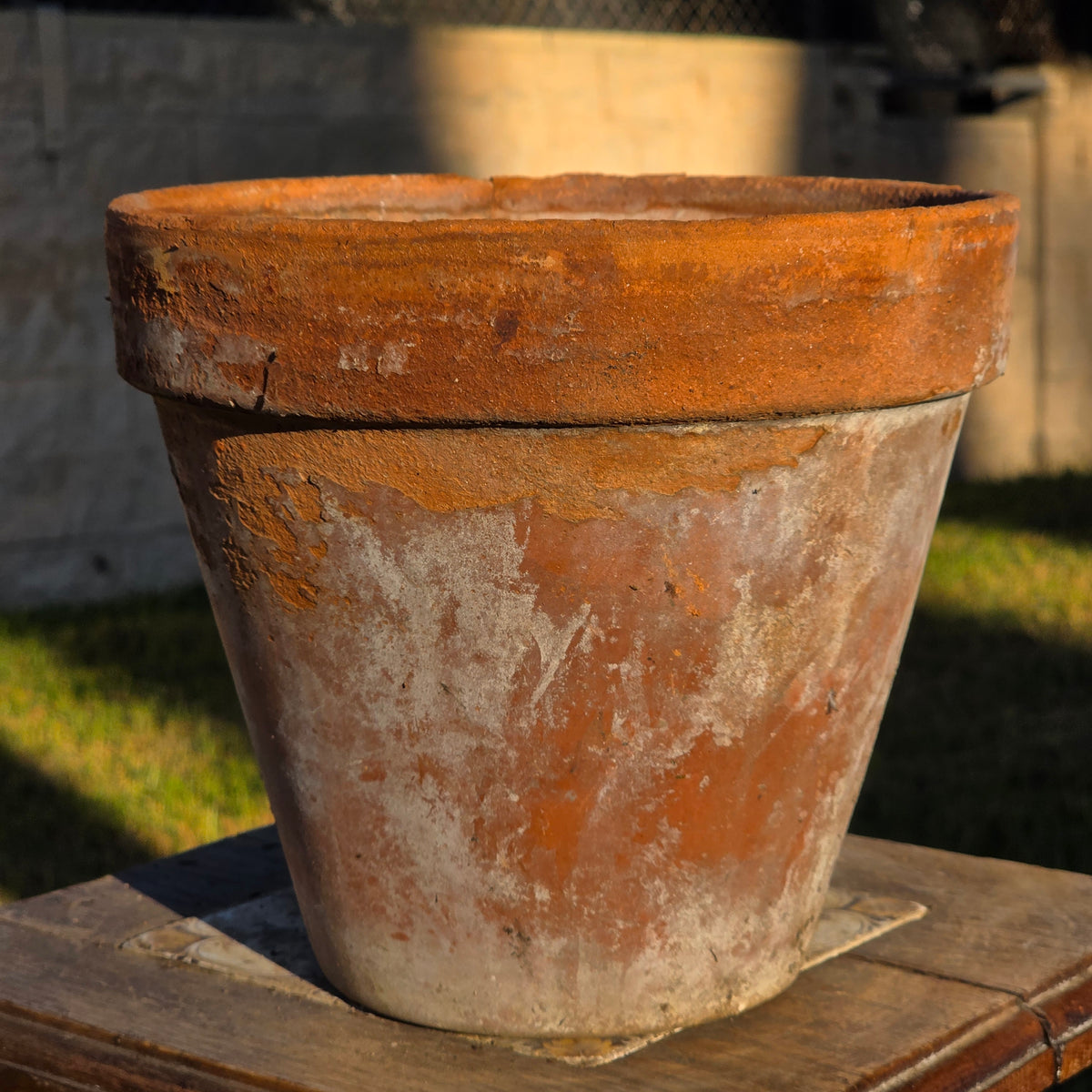 Vtg Terracotta Planter Flat Rimmed Clay Pot Aged Heavy Patina Garden 8.5" x 7.5"