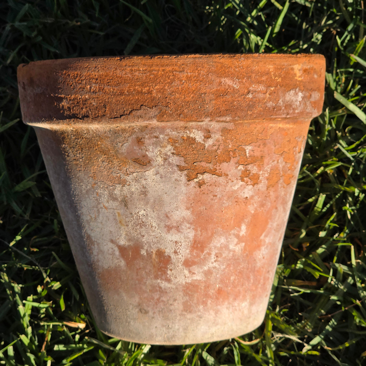 Vtg Terracotta Planter Flat Rimmed Clay Pot Aged Heavy Patina Garden 8.5" x 7.5"