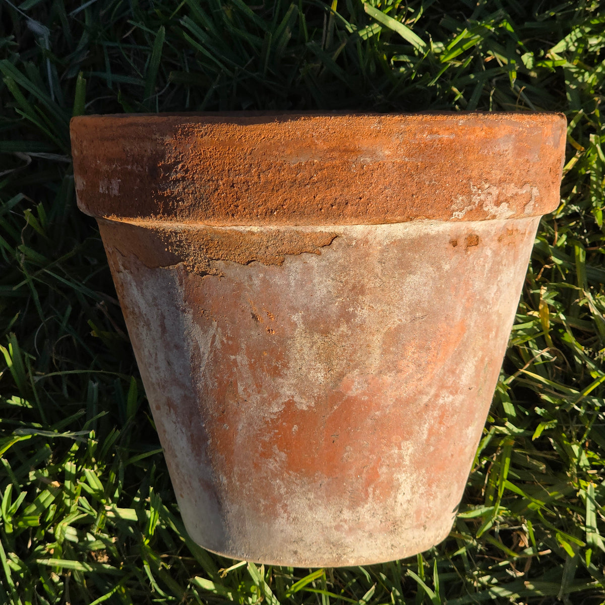 Vtg Terracotta Planter Flat Rimmed Clay Pot Aged Heavy Patina Garden 8.5" x 7.5"